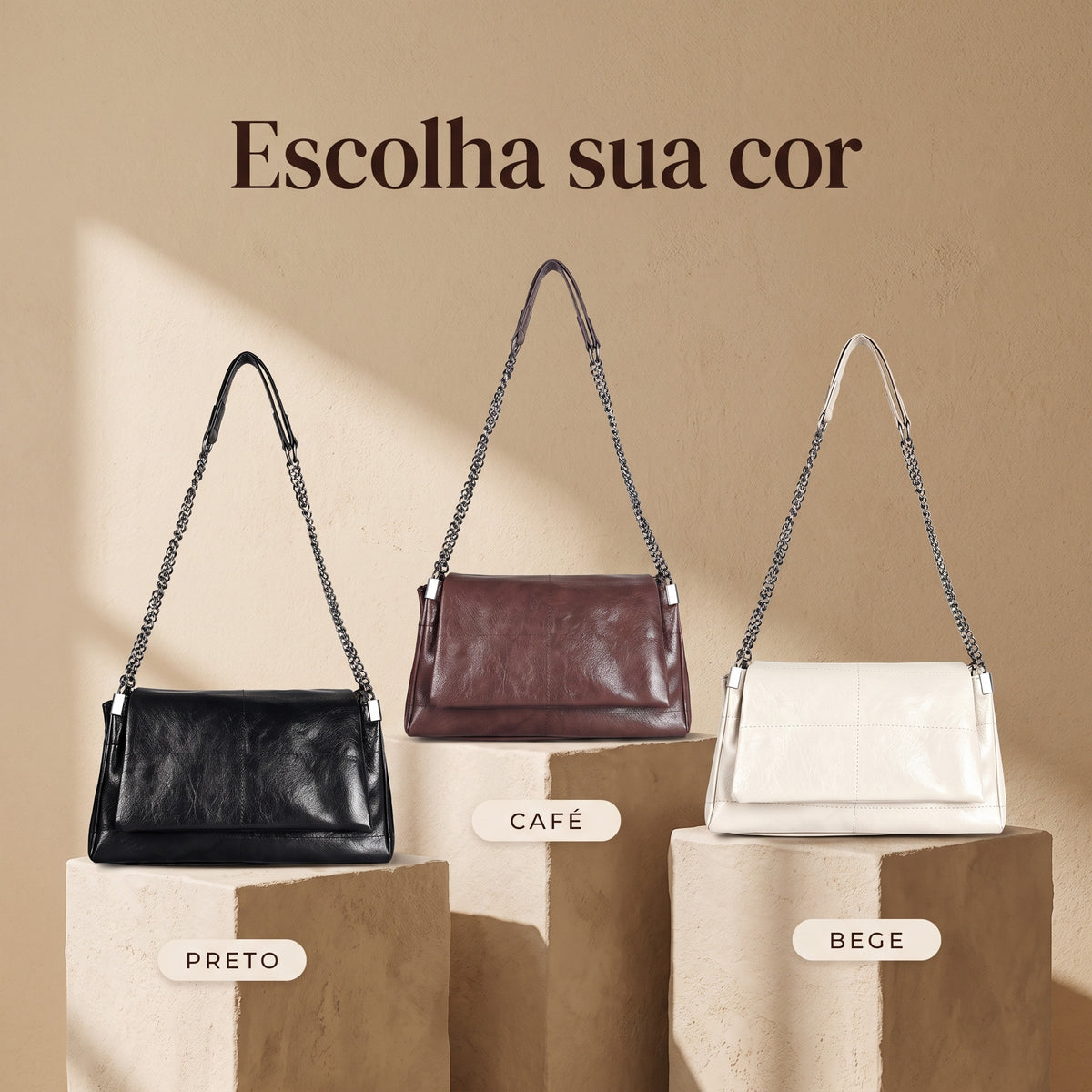 Bolsa Transversal Feminina de Couro com Corrente + Carteira de Brinde
