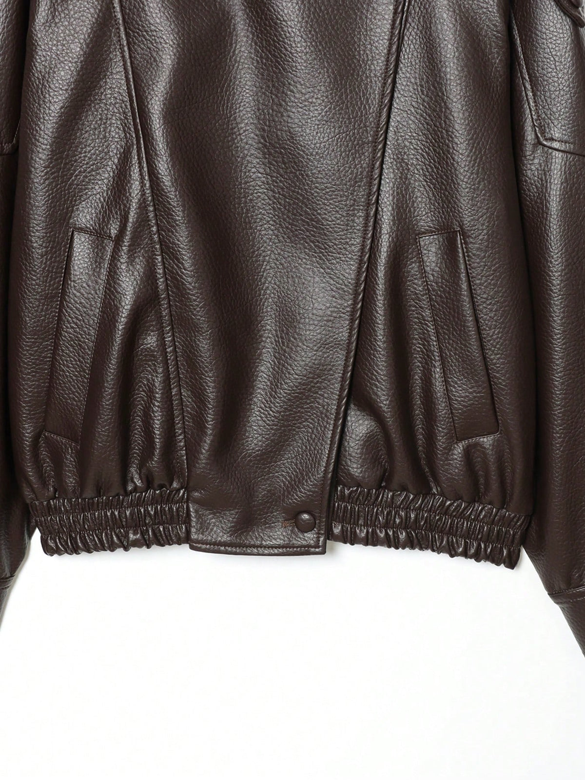 Seelio Jaqueta Casual Feminina de Couro Sintético com Gola Alta, Estilo Europeu e Americano, Moda Minimalista Versátil, Streetwear, Outono/Inverno - Castanho