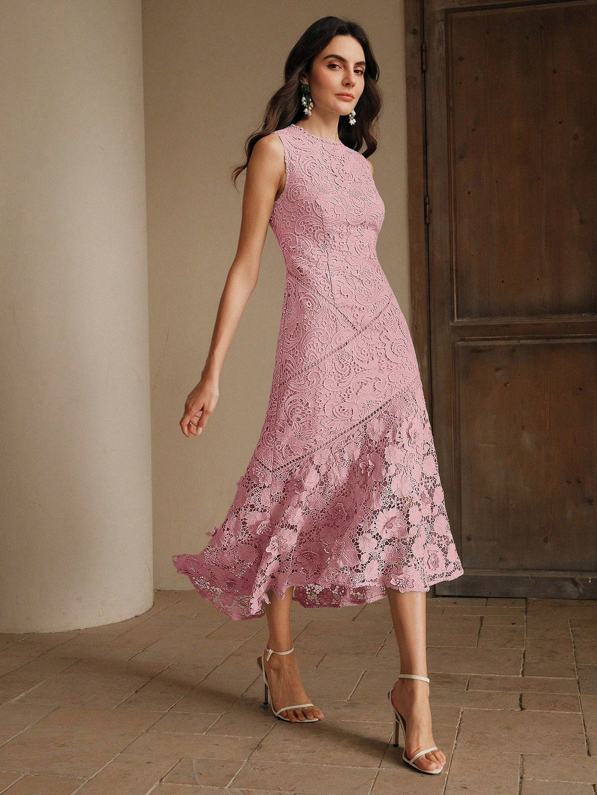 Anewsta Vestido Elegante de Pescoço Redondo de Renda com Splice Vazado, Primavera e Verão - Rosa chiclete