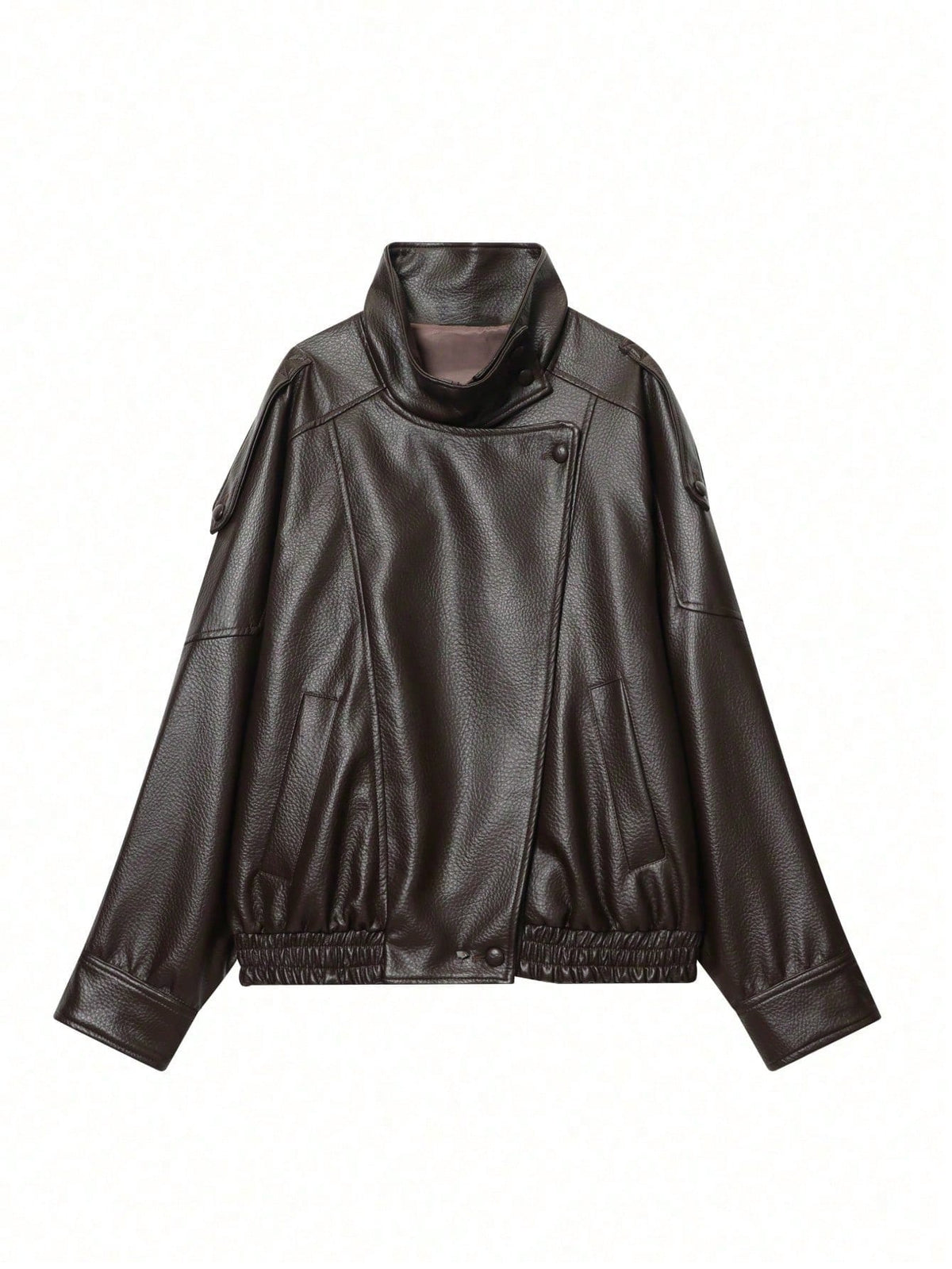 Seelio Jaqueta Casual Feminina de Couro Sintético com Gola Alta, Estilo Europeu e Americano, Moda Minimalista Versátil, Streetwear, Outono/Inverno - Marrom F