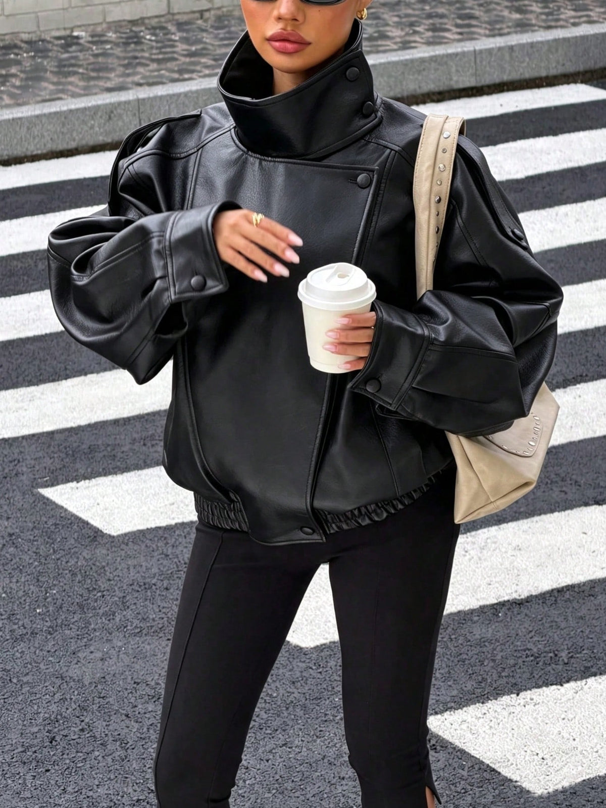 Seelio Jaqueta Casual Feminina de Couro Sintético com Gola Alta, Estilo Europeu e Americano, Moda Minimalista Versátil, Streetwear, Outono/Inverno - Preto