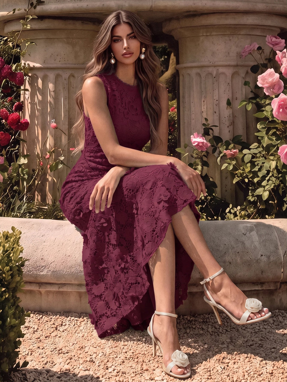 Anewsta Vestido Elegante de Pescoço Redondo de Renda com Splice Vazado, Primavera e Verão - Vinho