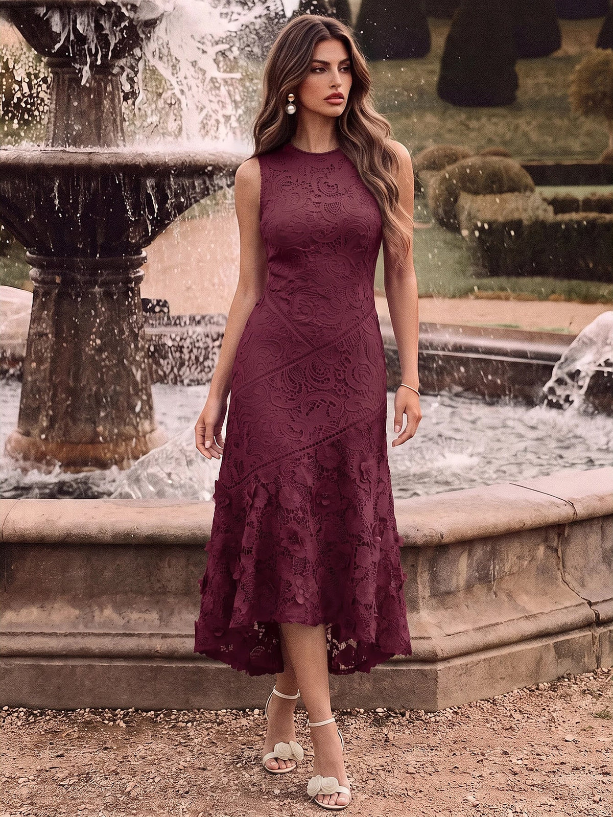 Anewsta Vestido Elegante de Pescoço Redondo de Renda com Splice Vazado, Primavera e Verão - Vinho
