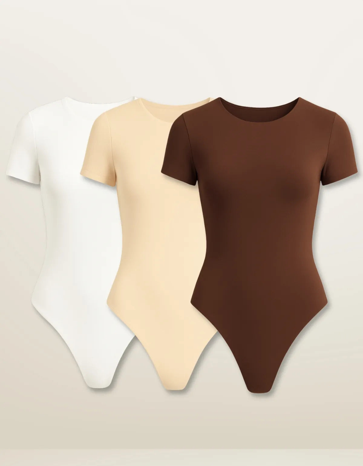 Kit 3 Body Feminino De Manga Curta Forro Suplex Gola Redonda - Marrom Bege e Branco