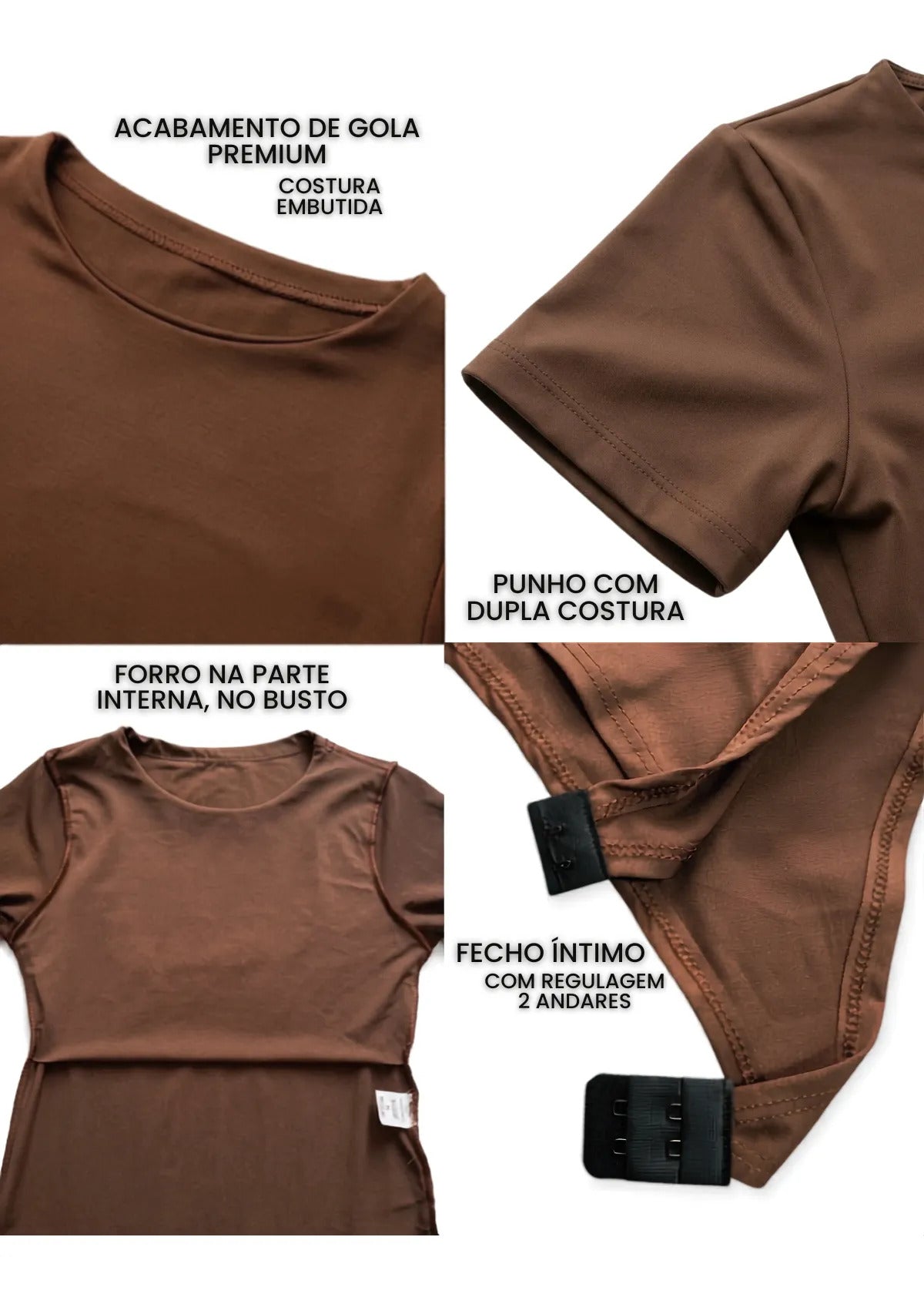 Kit 3 Body Feminino De Manga Curta Forro Suplex Gola Redonda - Marrom Bege e Branco