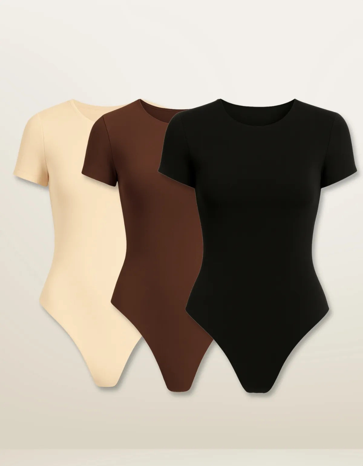 Kit 3 Body Feminino De Manga Curta Forro Suplex Gola Redonda - Preto Marrom e Bege