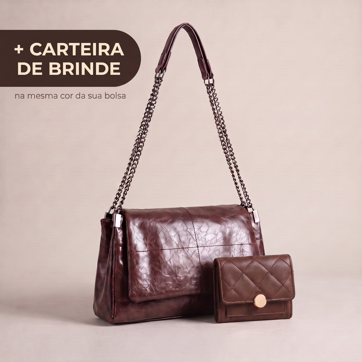Bolsa café com carteira de brinde na mesma cor