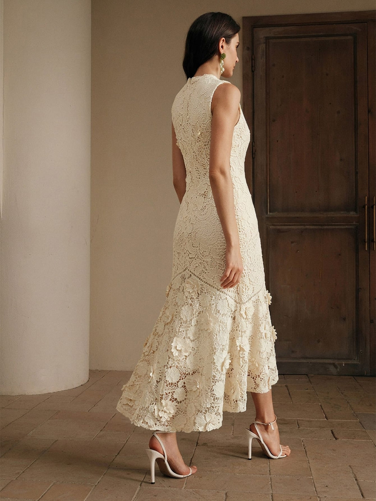 Anewsta Vestido Elegante de Pescoço Redondo de Renda com Splice Vazado, Primavera e Verão - Damasco
