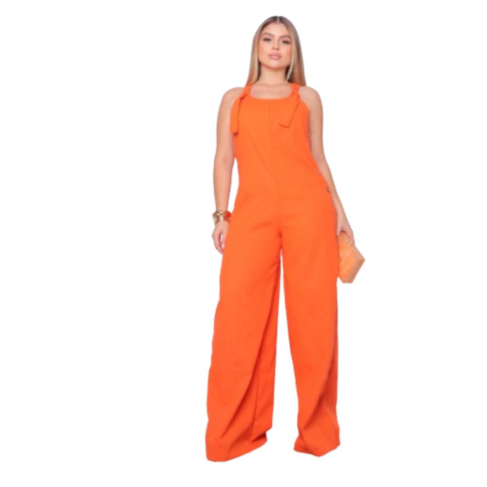 Macacão Pantalona Wide Leg em Linho com Alças Ajustáveis