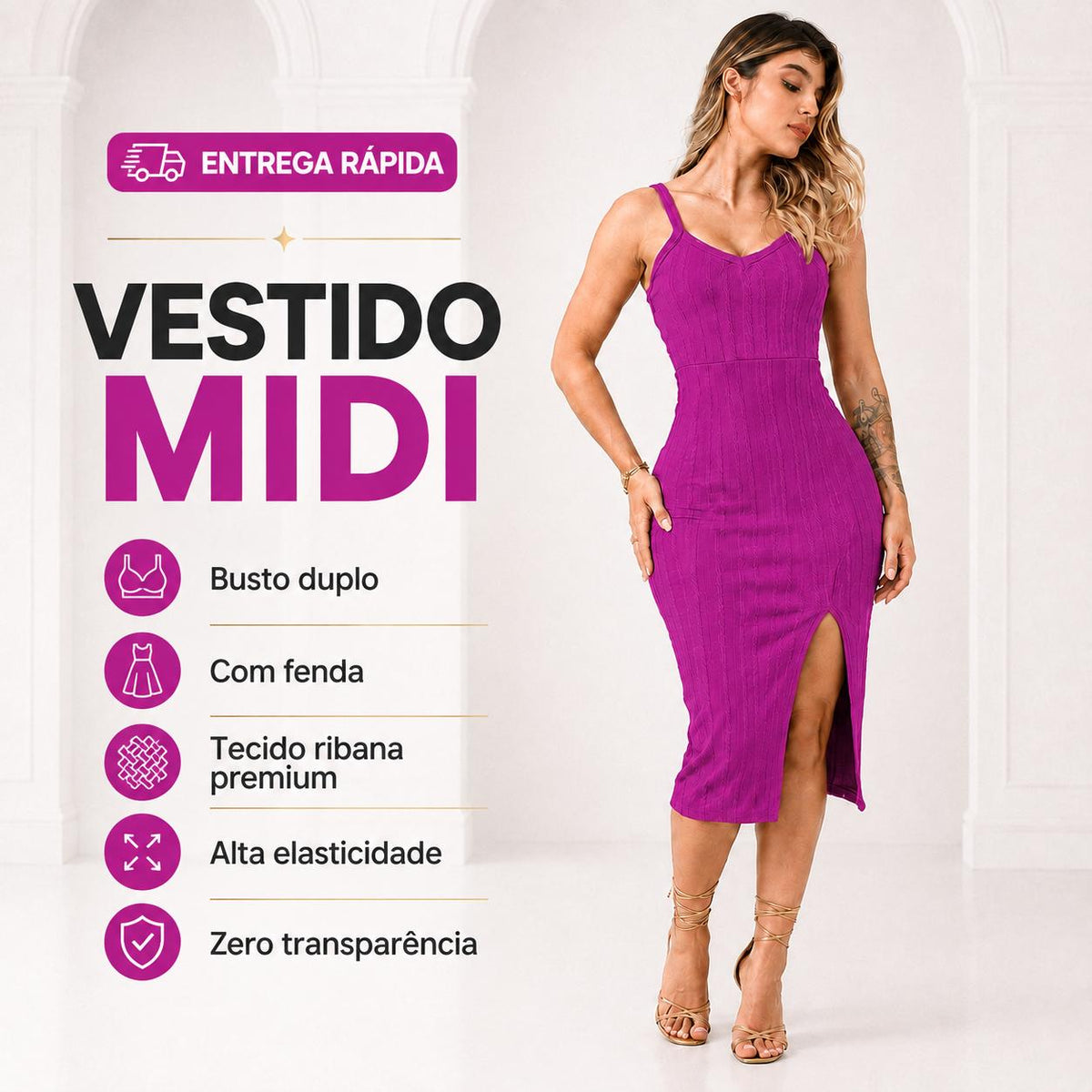 Vestido Midi de Alça em Ribana com Fenda Lateral