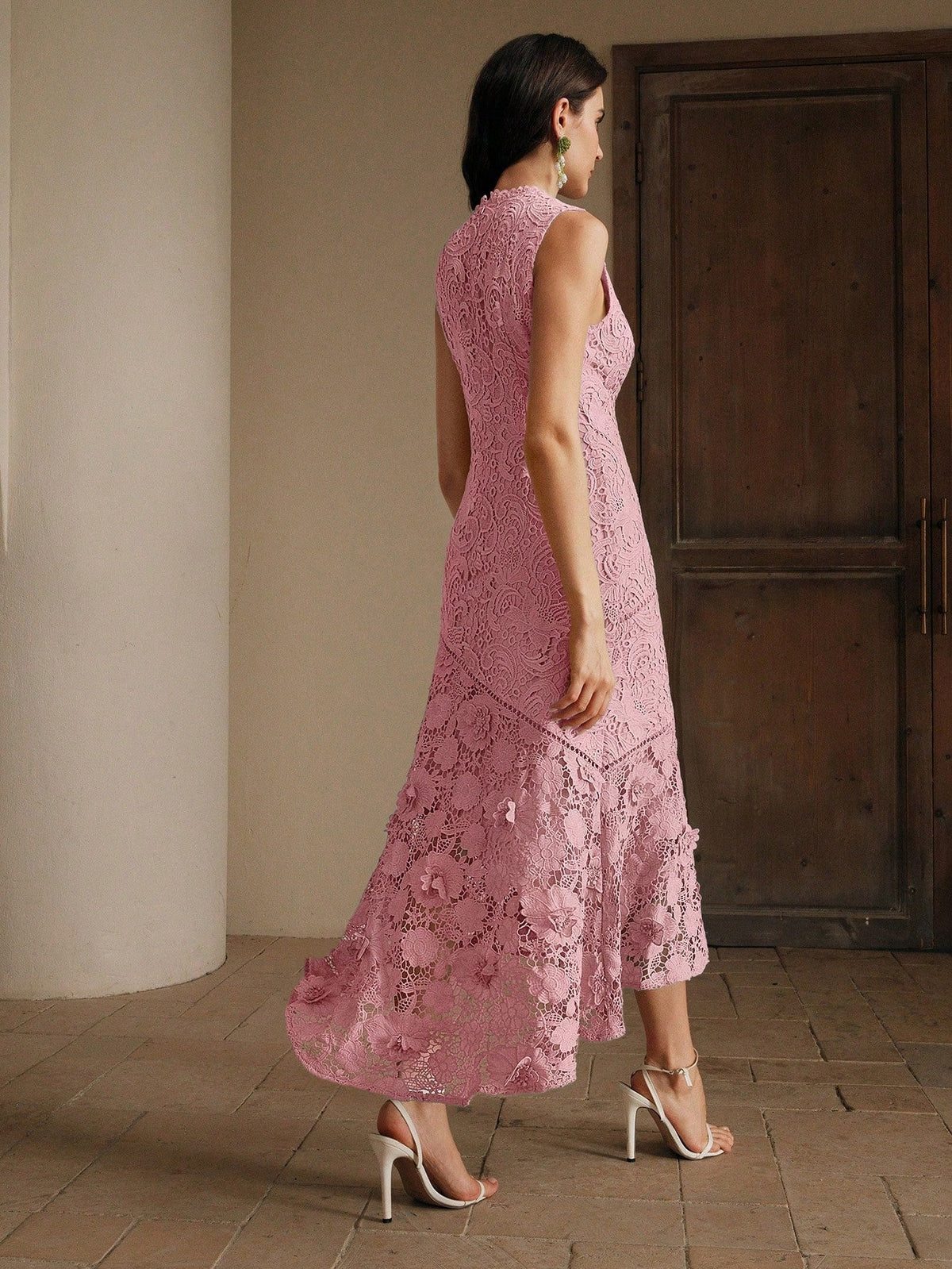 Anewsta Vestido Elegante de Pescoço Redondo de Renda com Splice Vazado, Primavera e Verão - Rosa chiclete