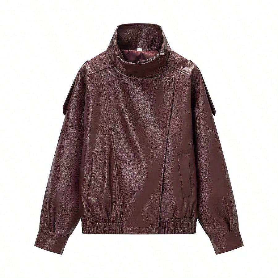Seelio Jaqueta Casual Feminina de Couro Sintético com Gola Alta, Estilo Europeu e Americano, Moda Minimalista Versátil, Streetwear, Outono/Inverno - Vinho