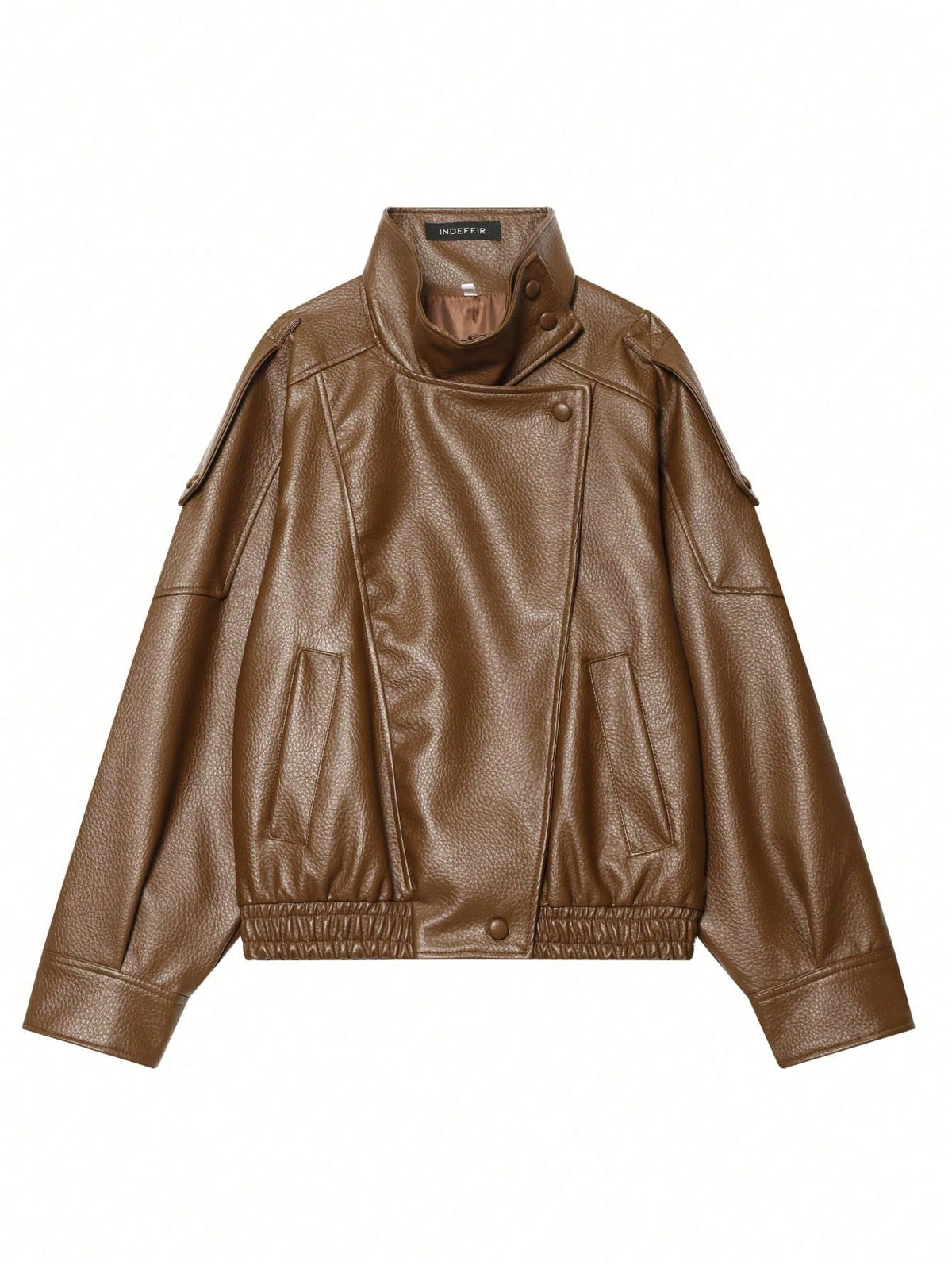 Jaqueta Feminina Camellia Oversized de Corte Solto, Nova para Outono/Inverno, Estilo Europeu e Americano, Casaco Minimalista Versátil Premium em Couro Sintético para Outono - Marrom Claro