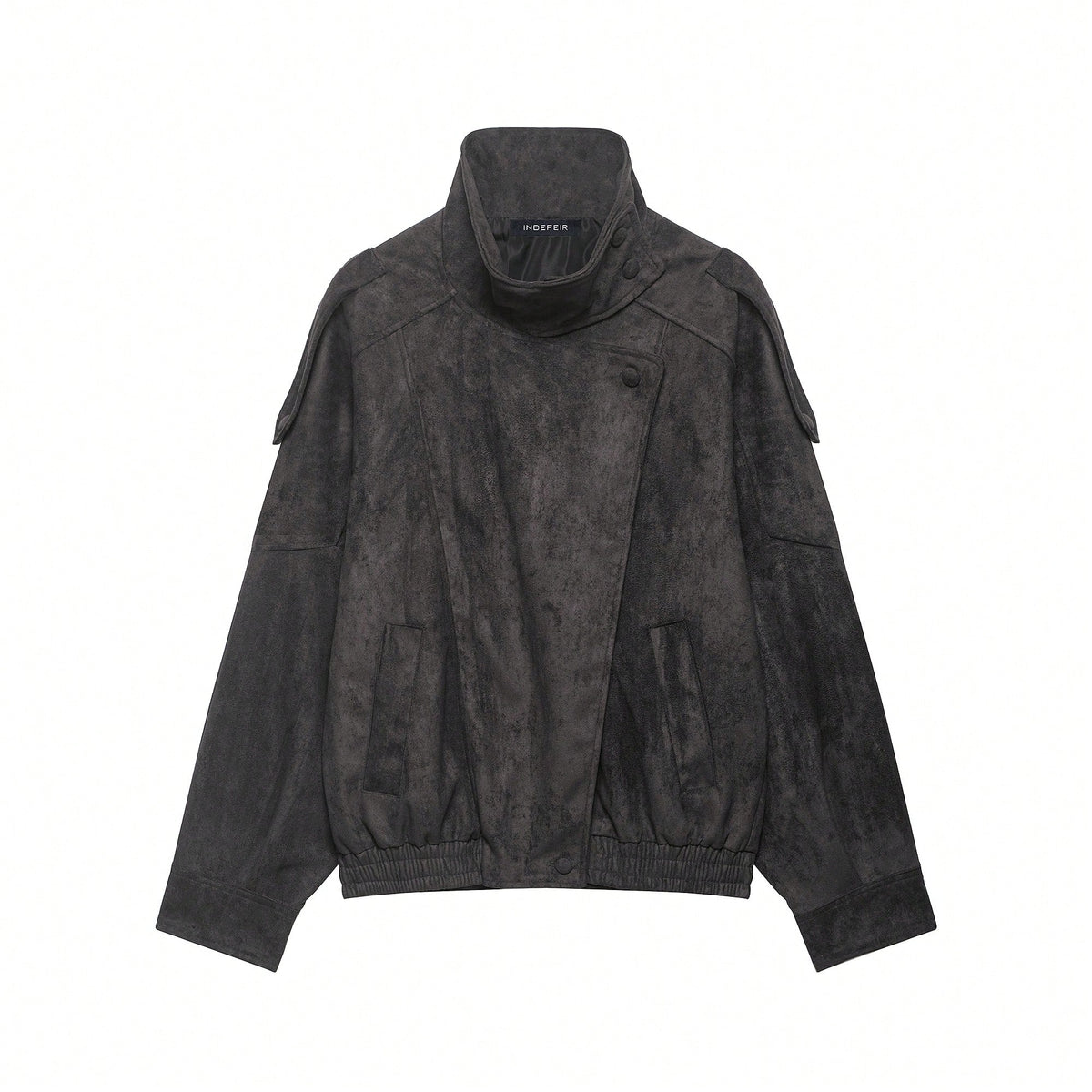 Seelio Jaqueta Casual Feminina de Couro Sintético com Gola Alta, Estilo Europeu e Americano, Moda Minimalista Versátil, Streetwear, Outono/Inverno - Preto e cinza