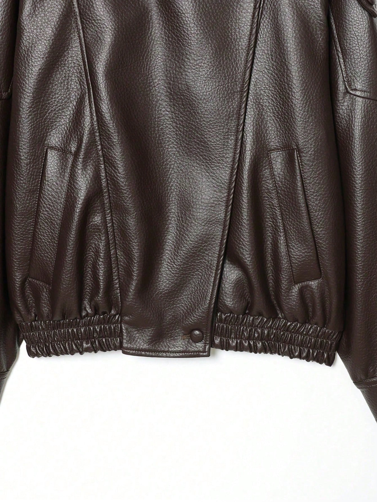 Seelio Jaqueta Casual Feminina de Couro Sintético com Gola Alta, Estilo Europeu e Americano, Moda Minimalista Versátil, Streetwear, Outono/Inverno - Marrom F