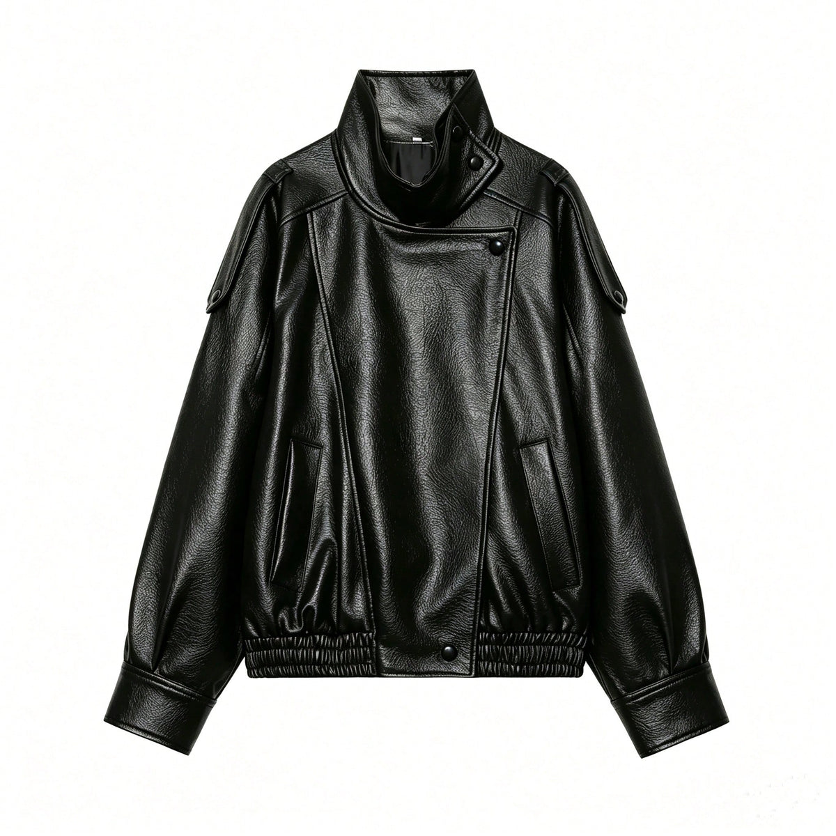 Jaqueta Feminina Camellia Oversized de Corte Solto, Nova para Outono/Inverno, Estilo Europeu e Americano, Casaco Minimalista Versátil Premium em Couro Sintético para Outono - Preto