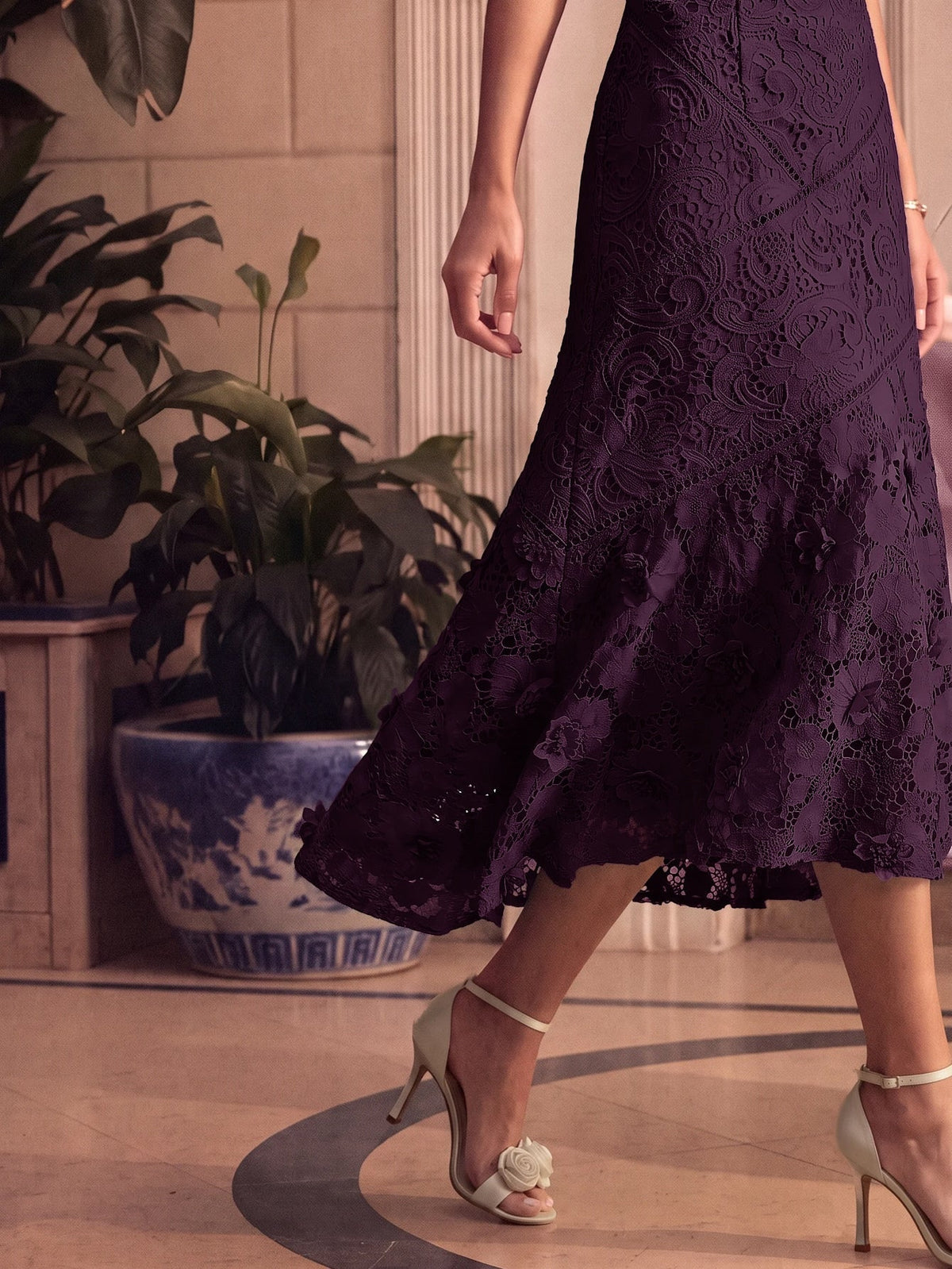 Anewsta Vestido Elegante de Pescoço Redondo de Renda com Splice Vazado, Primavera e Verão - Roxo