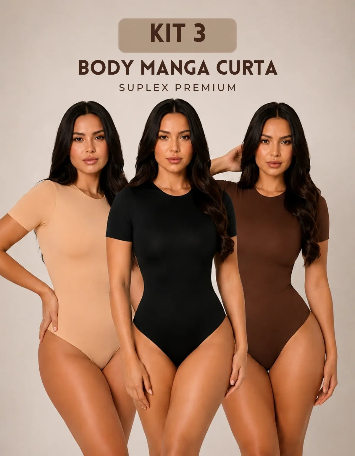 Kit 3 Body Feminino De Manga Curta Forro Suplex Gola Redonda - Preto Marrom e Bege