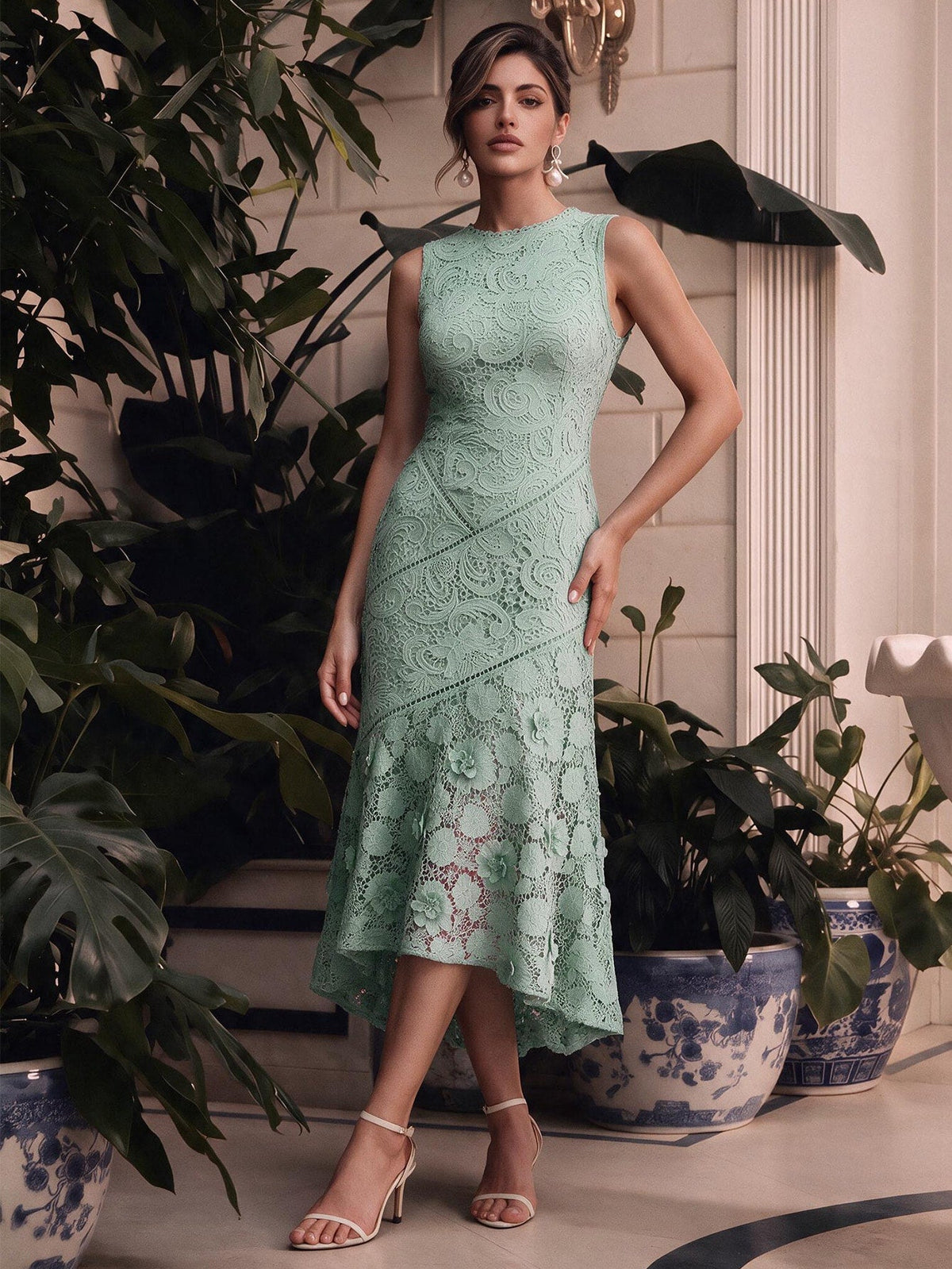Anewsta Vestido Elegante de Pescoço Redondo de Renda com Splice Vazado, Primavera e Verão - Verde Menta