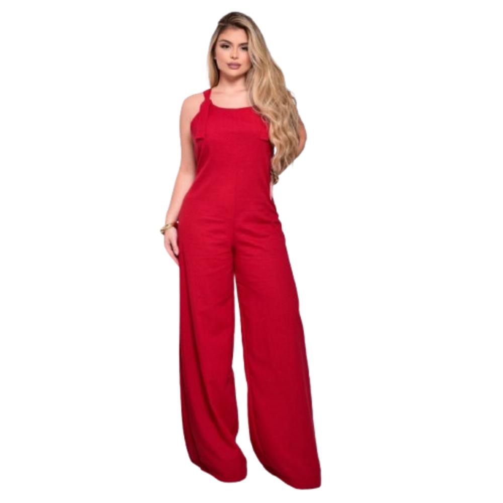 Macacão Pantalona Wide Leg em Linho com Alças Ajustáveis