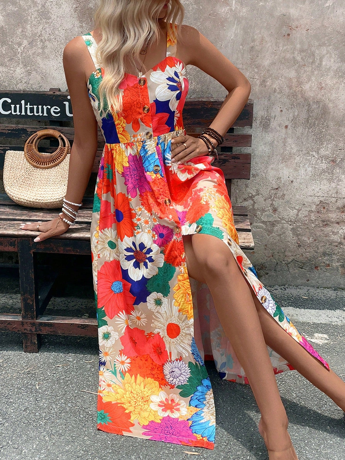 Vestido Floral Longo Com Botões